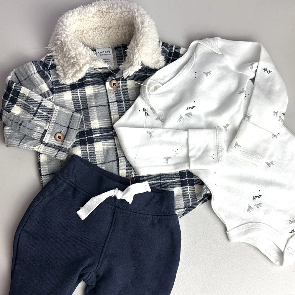 Carter's Plaid Jacket Sherpa Collar, Wolf Mountain Onesie and Navy Pants Set
